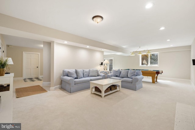 carpeted living area with pool table, baseboards, and recessed lighting