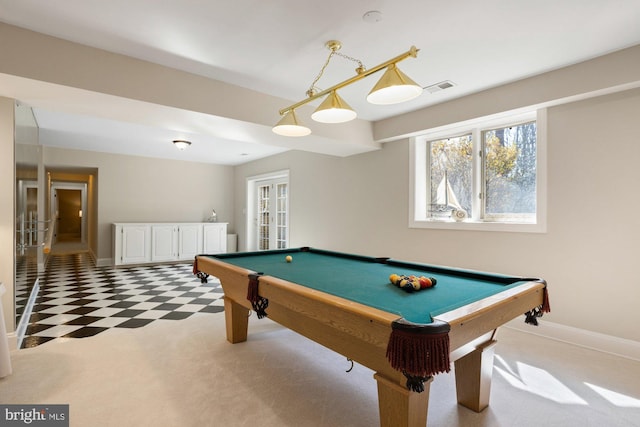 playroom featuring pool table, visible vents, and baseboards