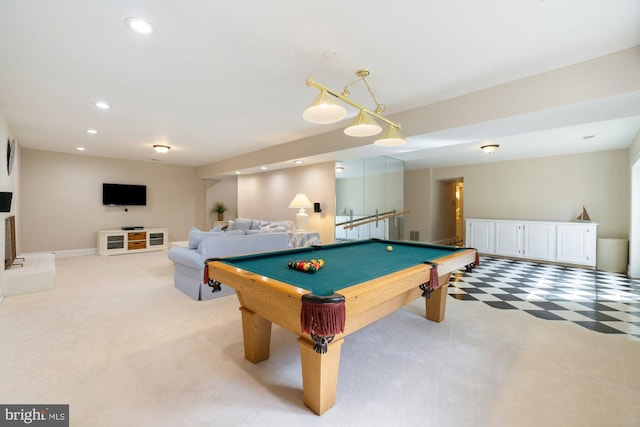 rec room featuring pool table, light colored carpet, and recessed lighting