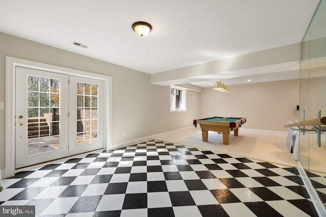 recreation room featuring baseboards, billiards, visible vents, and dark carpet