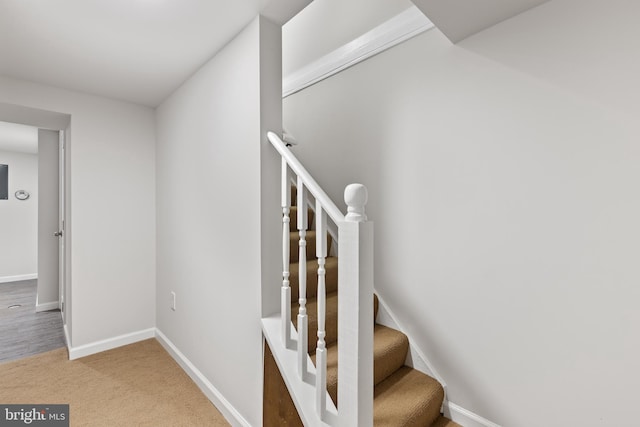 staircase with carpet floors and baseboards