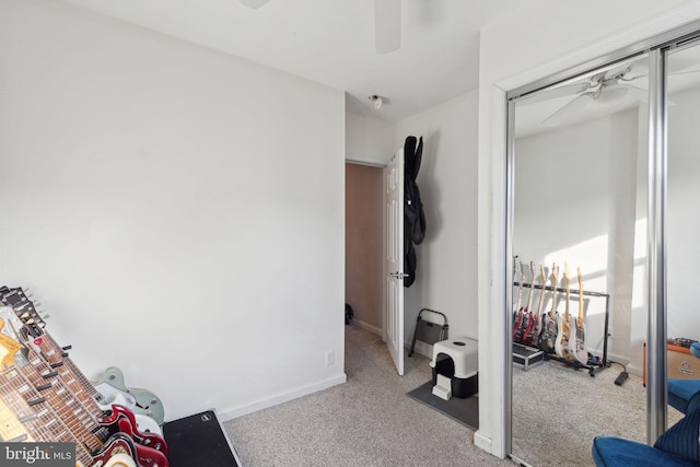 exercise area featuring ceiling fan, carpet, and baseboards