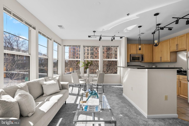 carpeted living room with visible vents, baseboards, and rail lighting