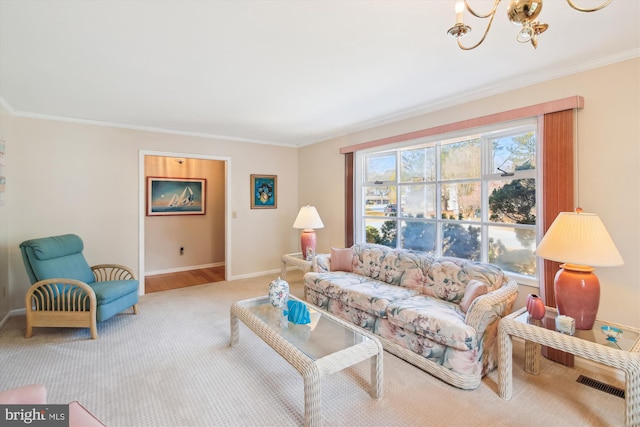 living room featuring baseboards, a notable chandelier, visible vents, and crown molding