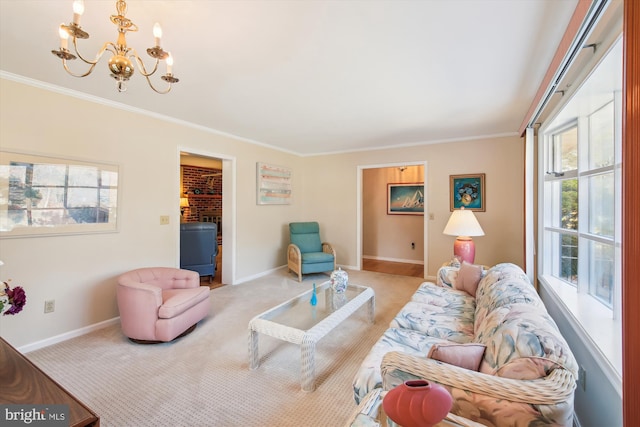 living room featuring light colored carpet, plenty of natural light, baseboards, and an inviting chandelier