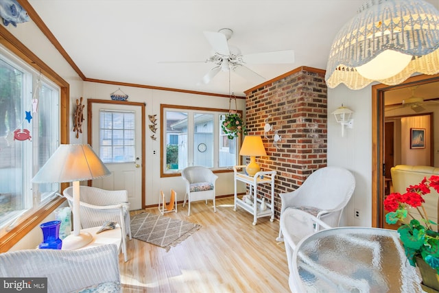 interior space with a ceiling fan, baseboards, ornamental molding, and wood finished floors