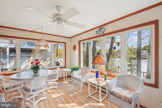 sunroom featuring a baseboard heating unit and a ceiling fan