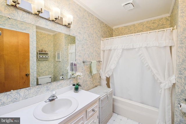 bathroom featuring wallpapered walls, shower / bath combo, crown molding, and vanity