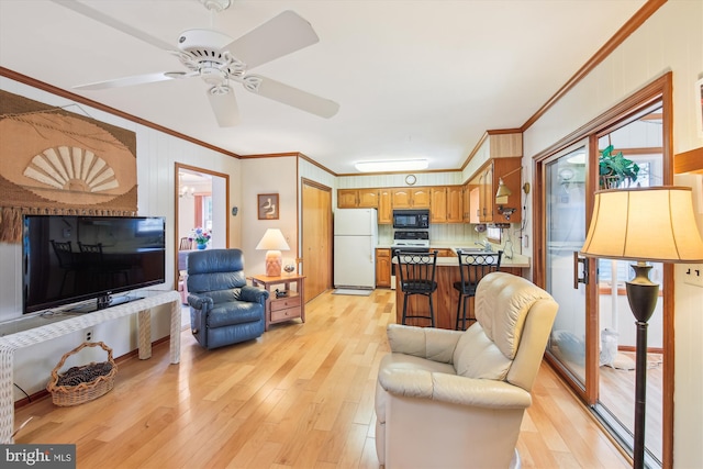 living area with crown molding, light wood finished floors, and ceiling fan