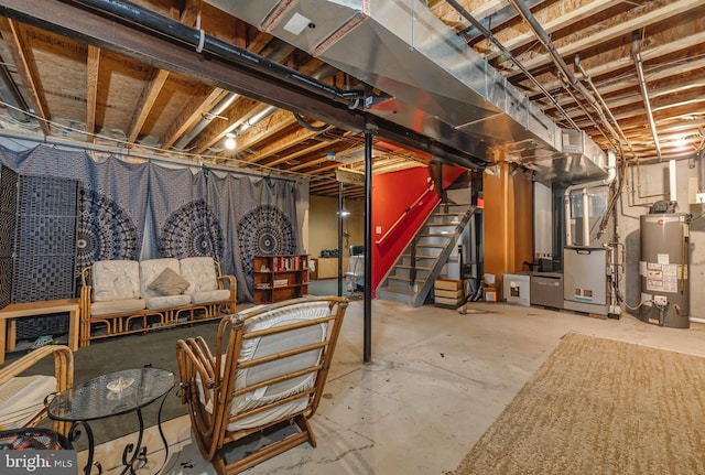 unfinished basement with water heater, stairway, and heating unit