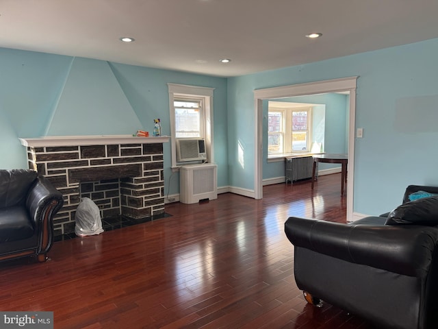 living area featuring radiator, a stone fireplace, and wood finished floors