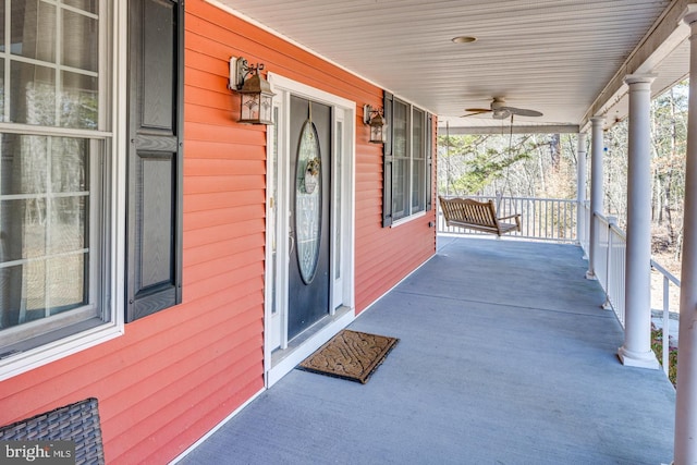 view of patio / terrace featuring covered porch and a ceiling fan