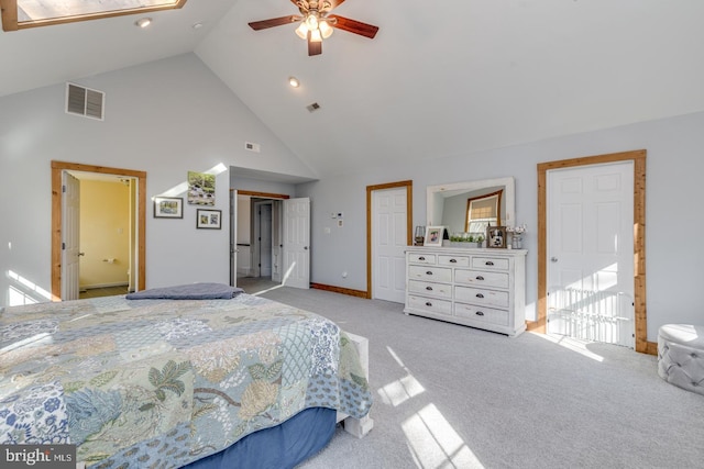 bedroom with light colored carpet, visible vents, a ceiling fan, high vaulted ceiling, and baseboards