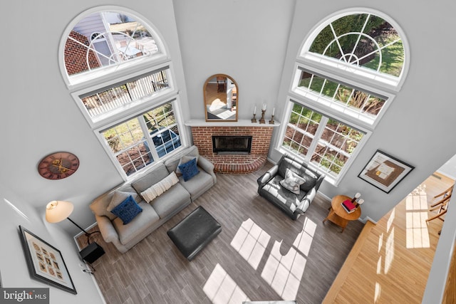 living area featuring wood finished floors, a towering ceiling, and a fireplace