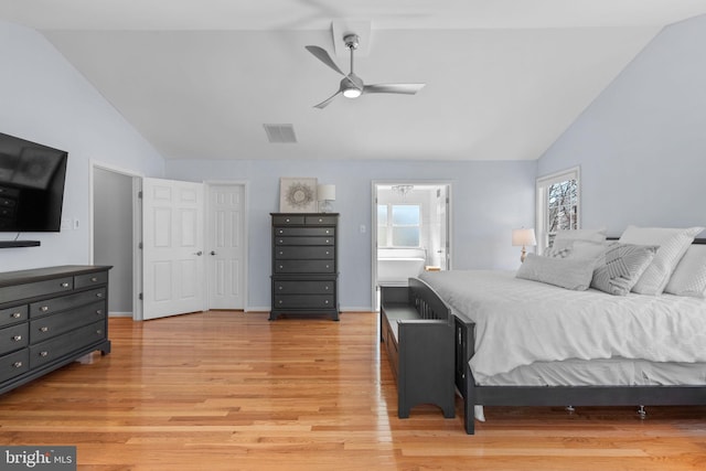 bedroom with connected bathroom, light wood-style floors, visible vents, and baseboards