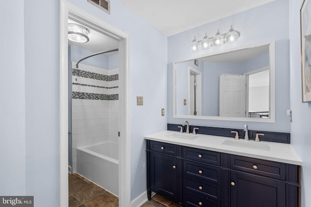 full bathroom featuring a sink, visible vents, tub / shower combination, and double vanity