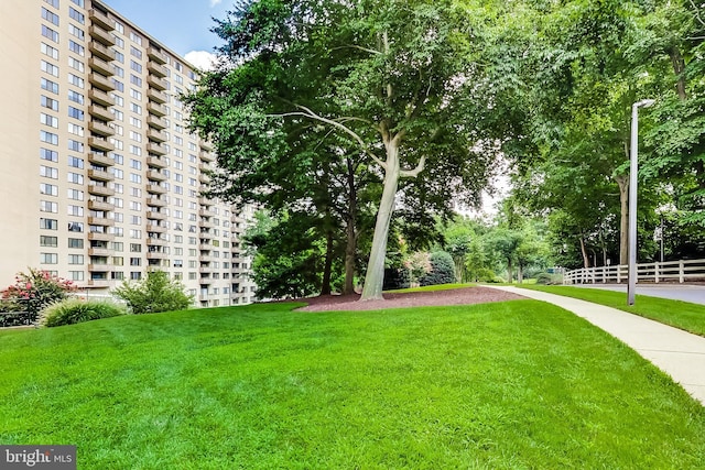 view of home's community featuring a lawn and fence