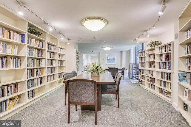 carpeted dining space featuring rail lighting and built in shelves