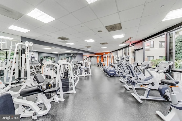 gym featuring visible vents and a drop ceiling