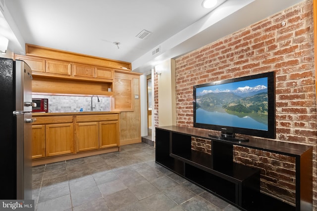 5724 4th St NW, Washington, DC 20011 - kitchen with freestanding refrigerator, a sink, tasteful backsplash, and open shelves