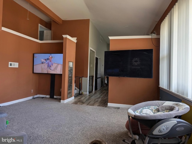 interior space featuring visible vents, baseboards, and carpet floors