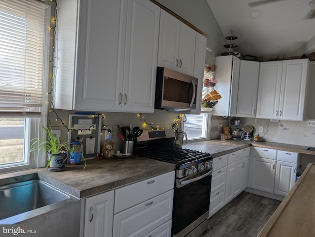 kitchen featuring vaulted ceiling, white cabinets, a wealth of natural light, and stainless steel appliances