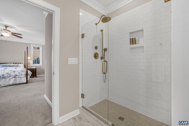 ensuite bathroom featuring ornamental molding, a stall shower, ensuite bath, and baseboards