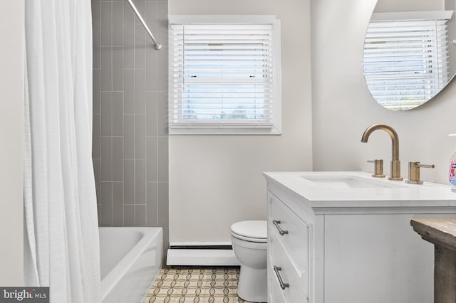 bathroom with a baseboard heating unit, vanity, toilet, and shower / bath combo with shower curtain