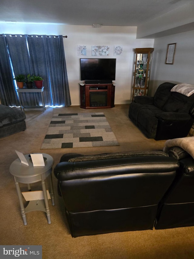 living room with carpet flooring and a fireplace