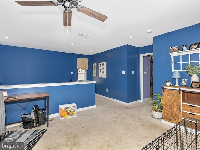 interior space featuring ceiling fan, recessed lighting, carpet floors, visible vents, and baseboards