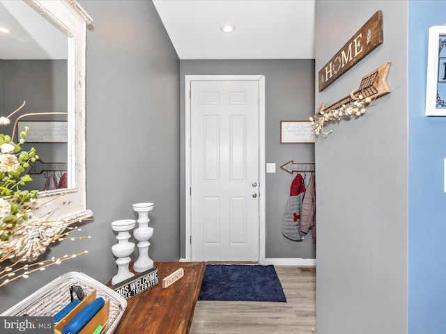 entryway with baseboards and wood finished floors