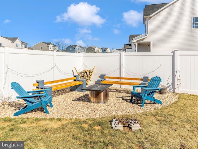 view of yard with a fenced backyard and a residential view