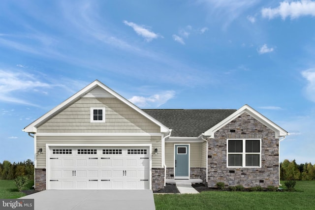 view of front of house with concrete driveway, a shingled roof, a front yard, and stone siding