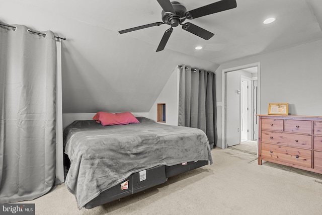 bedroom featuring carpet, lofted ceiling, recessed lighting, and a ceiling fan