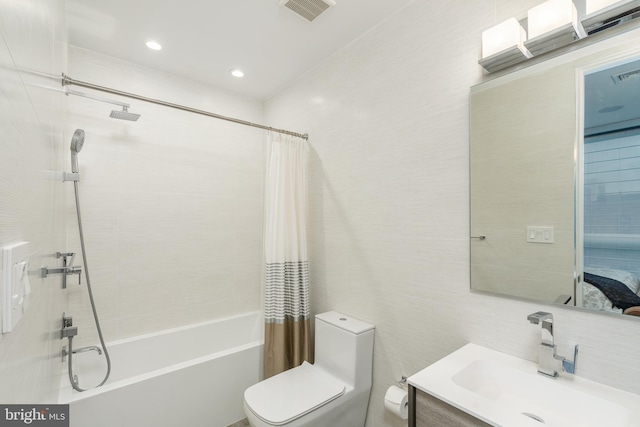 bathroom with shower / tub combo with curtain, tile walls, visible vents, toilet, and vanity