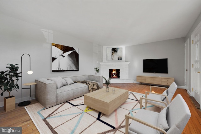 living room featuring a fireplace, baseboards, and wood finished floors