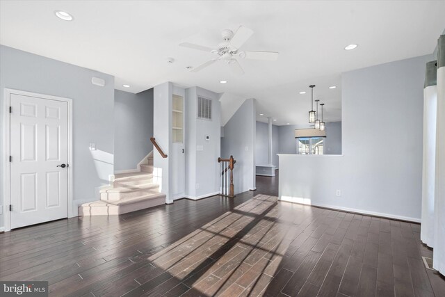 unfurnished living room with visible vents, recessed lighting, ceiling fan, and wood finished floors