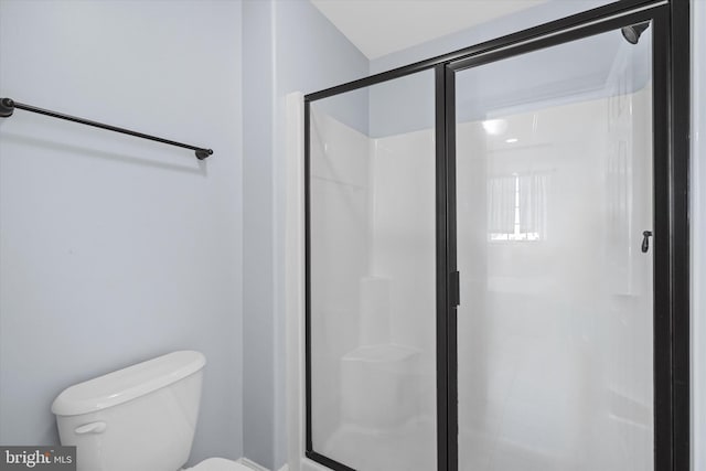 bathroom featuring toilet and a stall shower