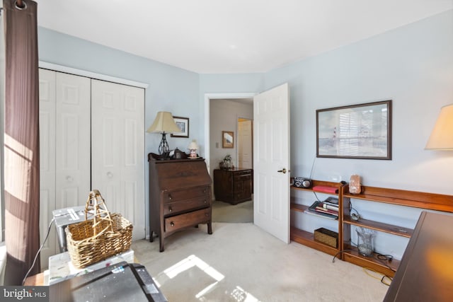 interior space featuring a closet and light colored carpet