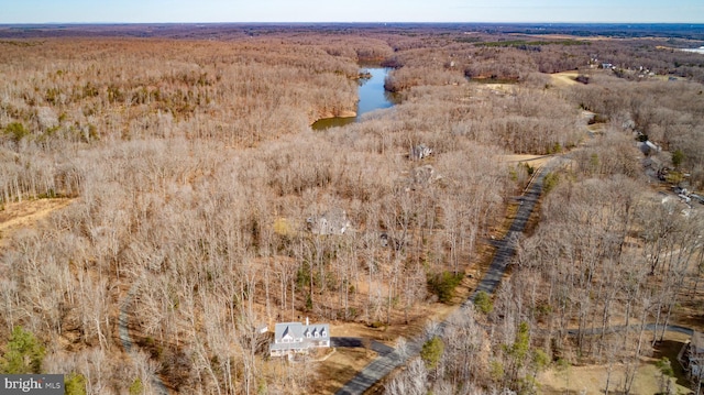 bird's eye view with a view of trees and a water view