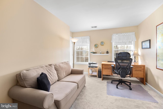 office with light carpet, visible vents, and baseboards