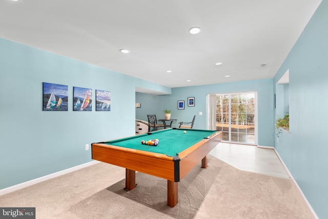 recreation room featuring recessed lighting, billiards, baseboards, and carpet floors