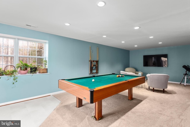 rec room with pool table, carpet, recessed lighting, and visible vents