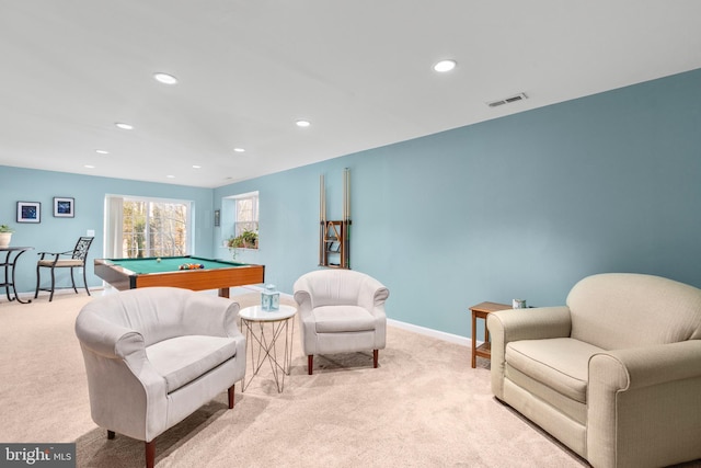 rec room featuring recessed lighting, visible vents, pool table, and carpet flooring