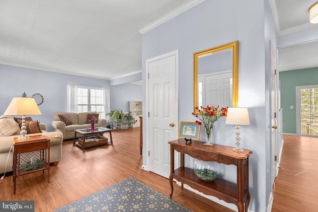 living area featuring baseboards, wood finished floors, and ornamental molding