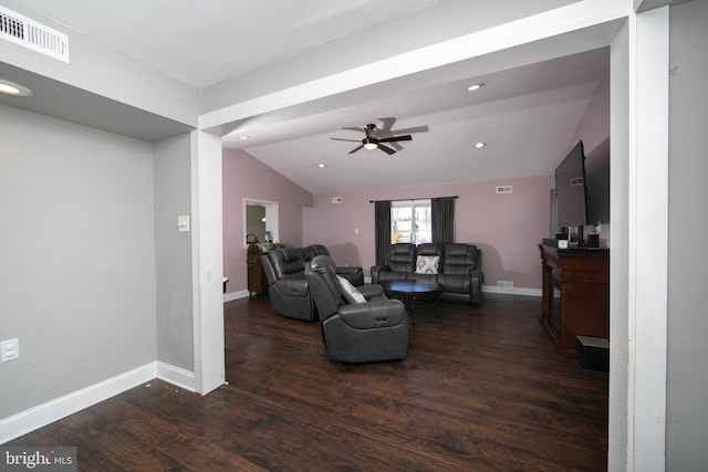 living room featuring lofted ceiling, recessed lighting, visible vents, baseboards, and dark wood-style floors