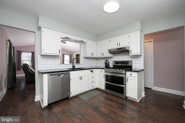 kitchen with stainless steel appliances, dark countertops, a sink, and under cabinet range hood