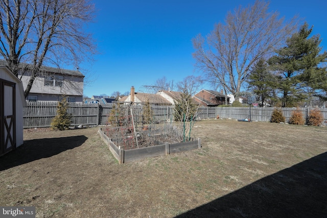 view of yard featuring a fenced backyard and a vegetable garden