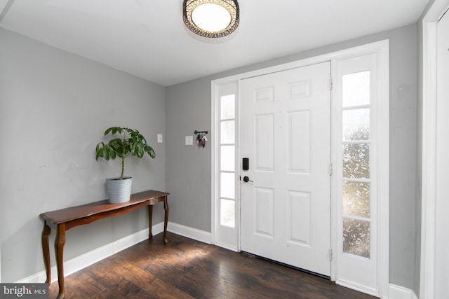 foyer entrance featuring dark wood-style floors, plenty of natural light, and baseboards