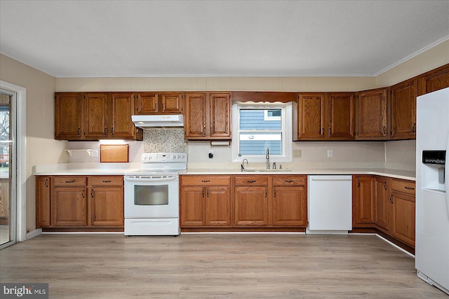 kitchen featuring under cabinet range hood, light wood-style flooring, brown cabinetry, white appliances, and a sink